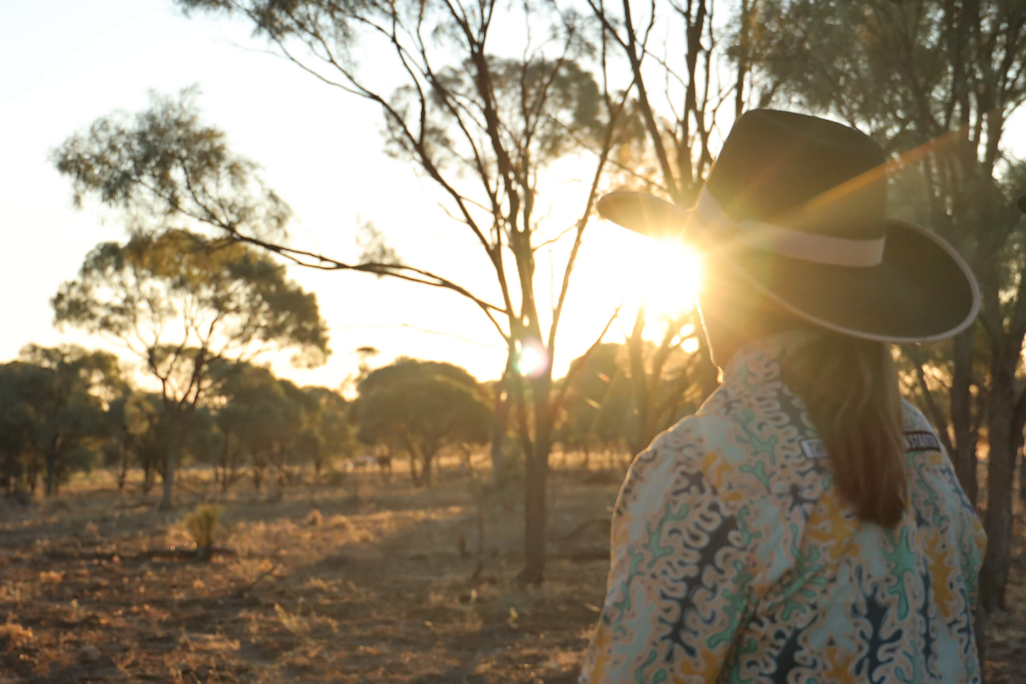 Female grazier looking into the sunset on Queensland property