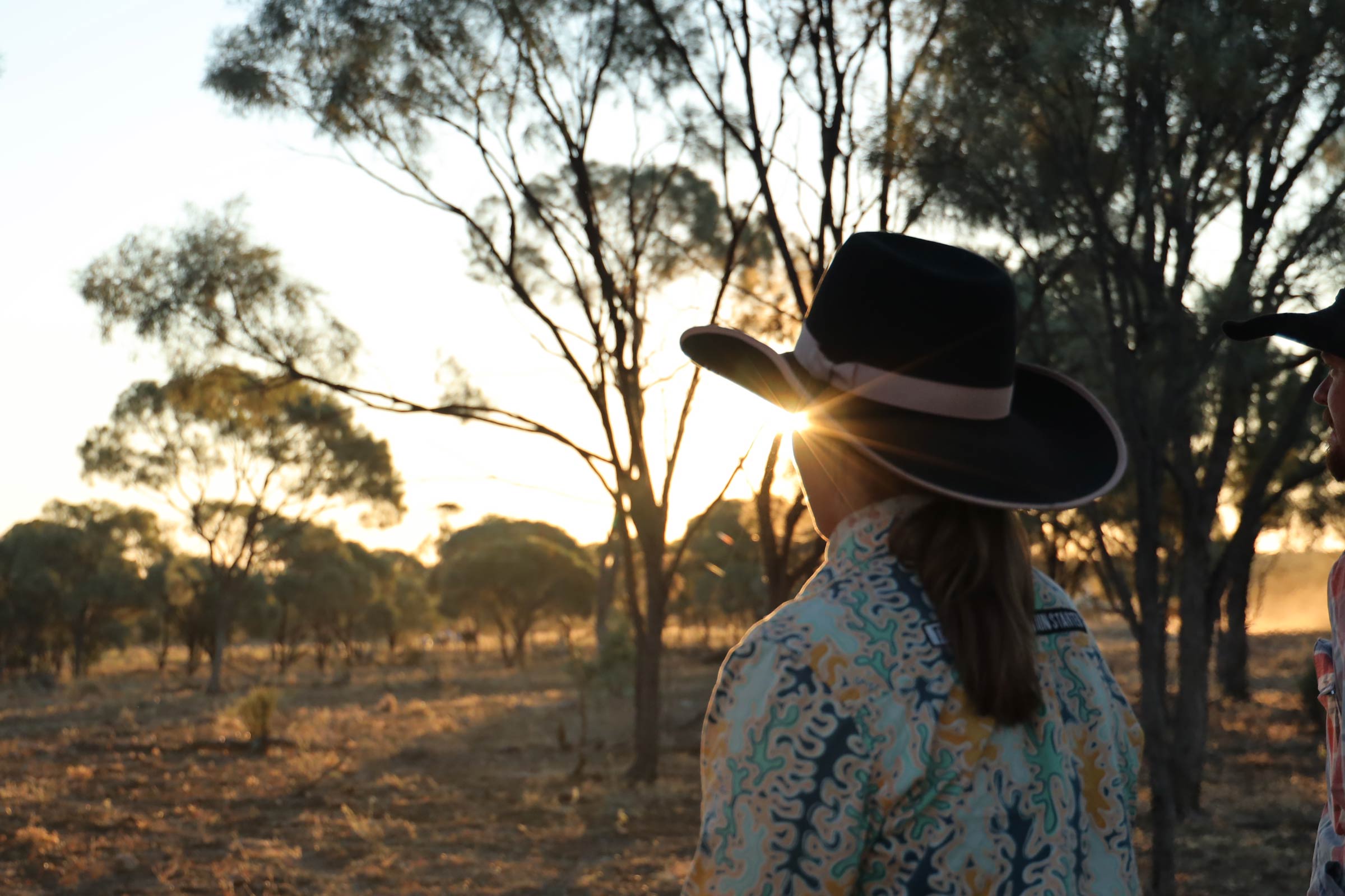 A primary producer stands in a paddock looking into the sun setting.